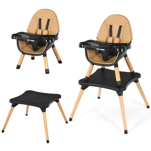 Babyjoy 5-in-1 Baby High Chair Infant Wooden Convertible Chair 5-Point Seat Belt Coffee