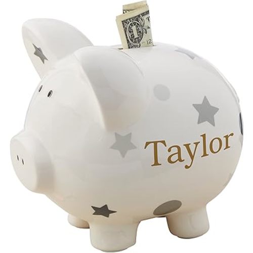 Baby Grey Polka Dots & Stars Piggy Bank
