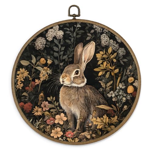 MAQIKA Farmhouse Eater Bunny Framed Wall Art Decor, Vintage Bunny Botanical Round Wall Hanging Decor, Easter Bathroom Decor, Cottagecore Rabbit Canvas Prints Wall Art for Bedroom Living Room, 10x10In