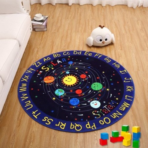 Kids Solar System Educational Rug Galaxy Outer Space Kids Rugs for Kids Bedroom Nursery Playroom Classroom, 4' x 4' Black