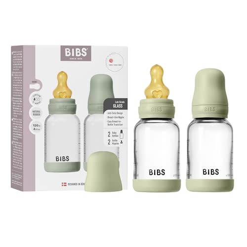BIBS Glass Baby Bottle, 120 ml, 2-Pack, Natural Rubber Nipple, Sage | Anti-Colic | Natural Rubber Latex Nipple | Slow Flow | Supports Breastfeeding | Made in Denmark | Familiar BIBS Nipple