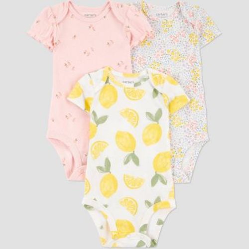 Carter's Just One You®️ Baby Girls' 3pk Bodysuit - Pink/Yellow 3M: Cotton, Lightweight, Lemon & Floral Patterns, Short Sleeve