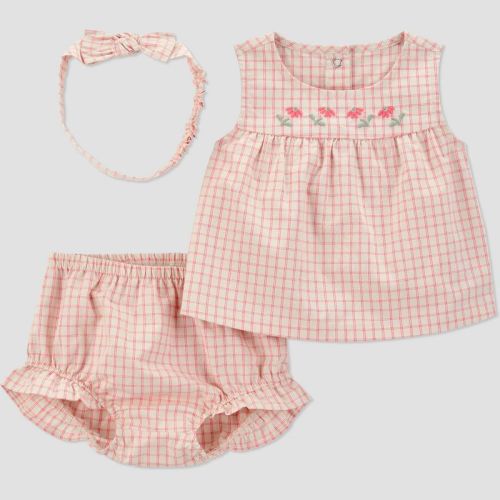 Carter's Just One You® Baby Girls' 3pc Gingham Floral Tank Top with Bloomer & Headband Set - Peach Orange/Pink 3M