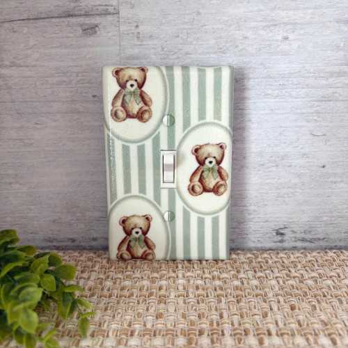 Vintage Teddy Bear Light Switch Cover: Sage Green Stripes Nursery Decor