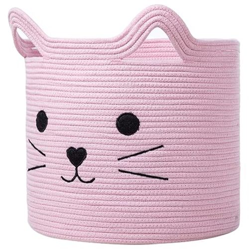 VK VK·LIVING Cat Toy Basket Cute Cotton Rope Animal Storage Pink Laundry Baskets for Toys, Clothes,Gifts,Towels, Blankets, Pet Bed Pink Laundry Hamper for Organizing 15''x14''
