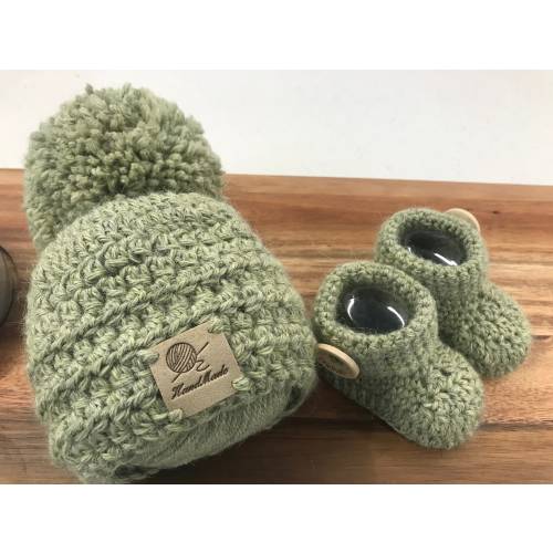 100% Baby Alpaca Crochet Set - Baby Hat with Pompom & Booties. Made to Order.