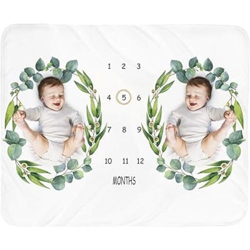 Baby Monthly Milestone Blanket Twins - Newborn Month Blanket Unisex Neutral Personalized Shower Gift Leaf Nursery Decor Photography Background Prop with Wooden Wreath Large 51''x40''