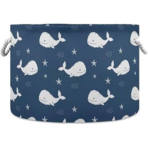 Navy Blue Whale Round Storage Basket Ocean Animal Large Laundry Hamper Collapsible Organizer Bin Blanket Storage Bag for Bedroom Bathroom Nursery Living Room Decoration 20x14 Inches