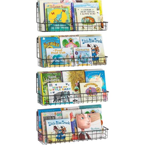 Wall Mounted Metal Kids Bookshelf, Floating Book Shelves for Kids Nursery Toddler Classroom, Hanging Book Shelf Organizer for Room Decor, Black, Set of 4