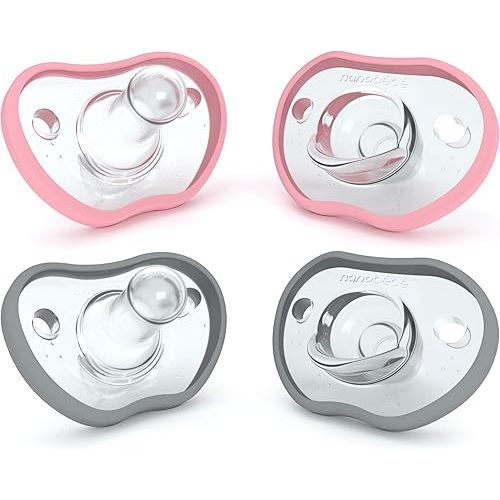 Nanobebe Baby Pacifiers 0-3 Month - Orthodontic, Curves Comfortably with Face Contour, Award Winning for Breastfeeding Babies, 100% Silicone - BPA Free. Baby Registry Gift 4pk,Pink/Grey