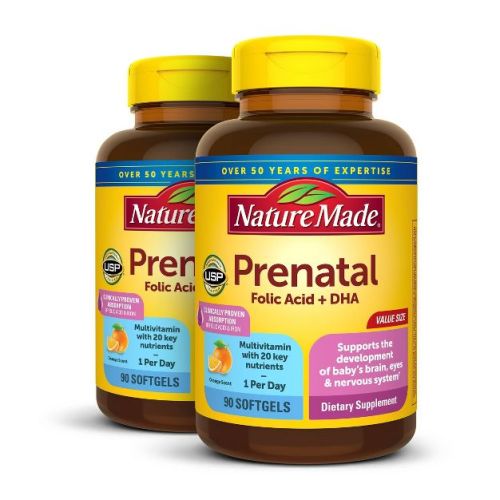 Nature Made 2 Pack/90ct Each Prenatal with Folic Acid + DHA, Prenatal Vitamin and Mineral Supplement Softgels