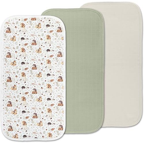 Miaoberry Organic Muslin Portable Changing Pad Liner – Waterproof Reusable Baby Diaper Changing Pad Cover for Travel, Woodland Deer and Soft Green, 3 Pack