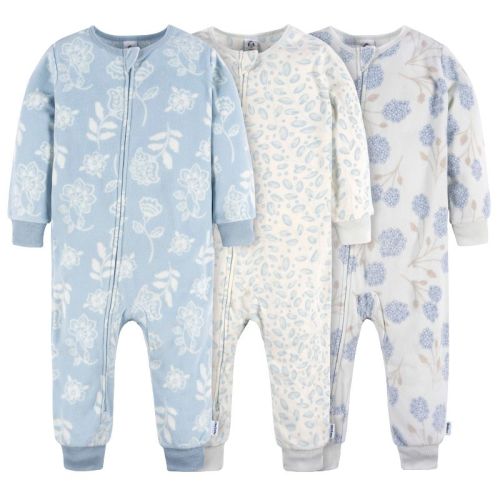 Gerber Baby Girls' Footless Fleece Pajamas, 3-Pack, Blue Floral, 3T