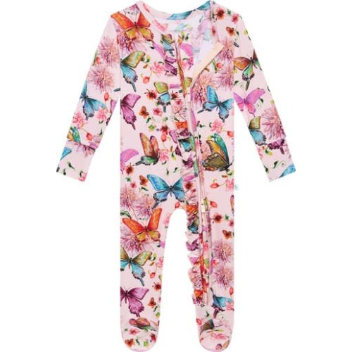 Watercolor Butterfly Ruffle Fitted Footie Pajamas, 0-3M