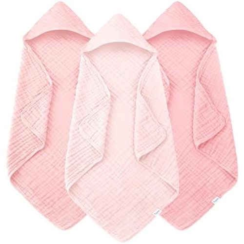 Muslin Hooded Baby Bath Towels - 3 Pack 100% Cotton Ultra-Soft Towels for Newborns, Infants, Toddlers - 32x32 Inch - Highly Absorbent, Quick-Dry Essentials for Bath Time, Beach, Pool, Pink Series