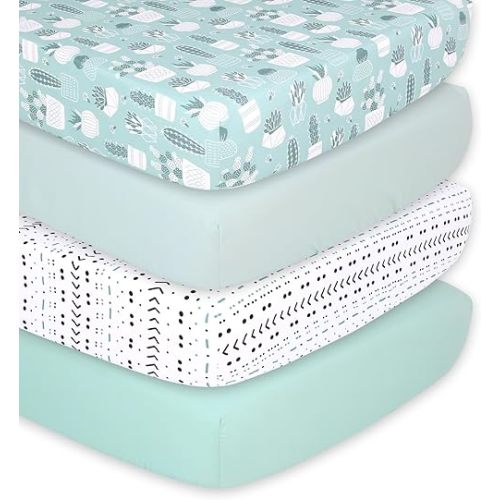 The Peanutshell Baby Crib Sheets 4-Pack for Girl or Boy - Soft, Oval & Fitted Baby Girls or Boys Crib Sheet, Rectangle, Fitted Covers, Halo Mattress - Cactus