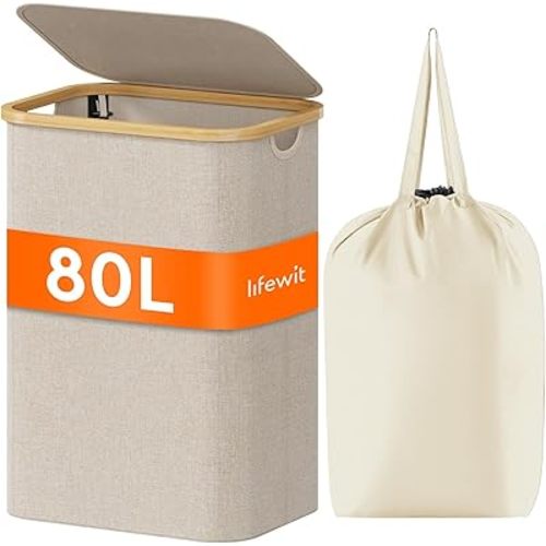Lifewit 80L Laundry Basket with Lid, Clothes Hampers for Laundry with Bamboo Handles and A Removable Laundry Bag, Large Foldable Laundry Hamper for Bedroom, Bathroom, Dorm, Laundry Room, Beige