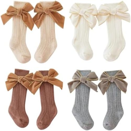 Merqwadd 4-Pack Baby Girls Knee High Socks Infants Toddlers Bow Knit Socks Cotton Tube Ruffled Stockings