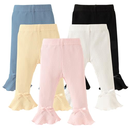 DREAM BUS 5 Pack Baby Pants Toddler Girl Ribbed Ruffle Bell Bottoms Toddler Leggings Baby Boy Pants Newborn Girl Flare Pants