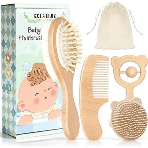 Baby Hair Bush and Comb Set, 5 Pack Wooden Baby Brush with Soft Goat Bristle for Newborns and Toddlers, Perfect for Cradle Cap, Baby Registry Gift, Infant Essentials Care Kit