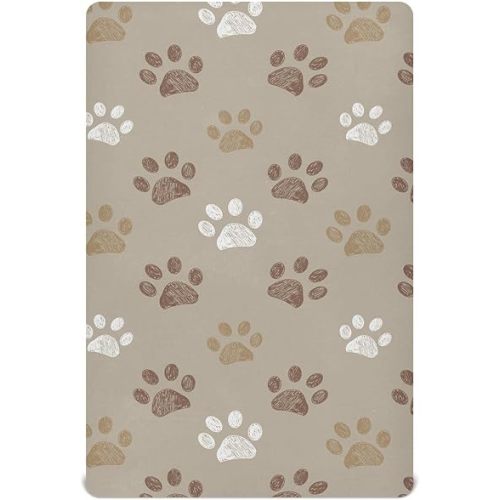 Fitted Crib Sheets Brown Dog Paws Stretchy Portable Playard Sheets for Baby Toddler, Breathable Soft Mini Crib Mattress 52 x 28 in for Boys and Girls
