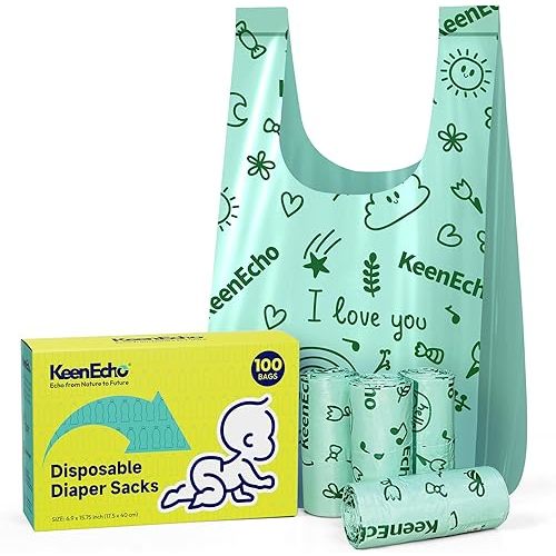 Disposable Diaper Bags with Handles 100 Count (4 Rolls), Unscented Leak-Proof Diaper Trash Bags & Sacks or Pet Waste Bag, Ocean Recycled Plastic, Green