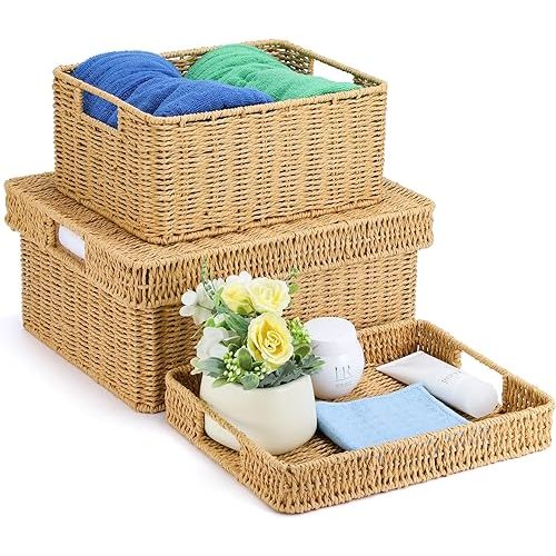 Large Woven Storage Basket with Lid-Round Paper Rope Storage Baskets for Shelves, Pantry, Office, Nursery Medium Large (2-Piece Set)
