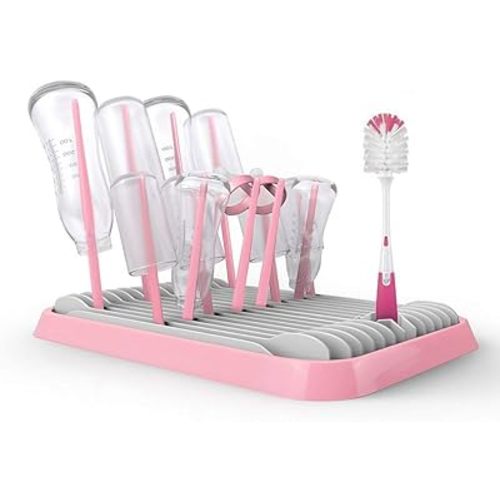 Sankoo Baby Bottle Drying Rack with Tray,High Capacity Foldable Countertop Bottle Holder for Bottles, Teats, Cups, Pump Parts and Accessories (Pink)
