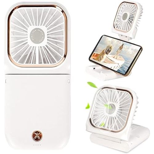 Portable Mini Fan Small Battery Operated Fan 5 in 1 as Power Bank,Phone Holder,Handheld Fan,Desk Fan, USB Rechargeable Personal Hand Fans,3000 mAh Power Bank,3 Speed Adjustable, Neck lanyard, White