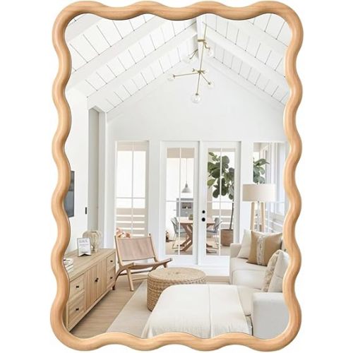 H HOMEWINS Natural Rectangular Mirror for Wall 24x35.4 Inch Wooden Wavy Bathroom Farmhouse Country Vanity Large Irregular Mirror for Nursery Entryway Living Room