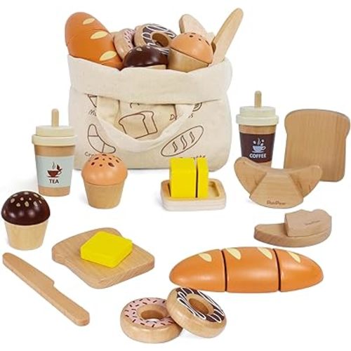 PairPear Wooden Bakery Toy Food Playset,Kids Pretend Play Food Kitchen Accessories with Shopping Bag,Toddlers Cutting Food Gift for Boys and Girls 3 Years and Up