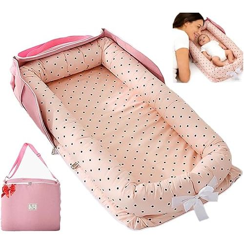 Baby Lounger for Newborn Portable Bag,Baby Nest Play Gym mat with Strap,Newborn Lounger Adjustable Size & Inner Zipper Lengthen Space to 24 Months(Pink Polka Dots)
