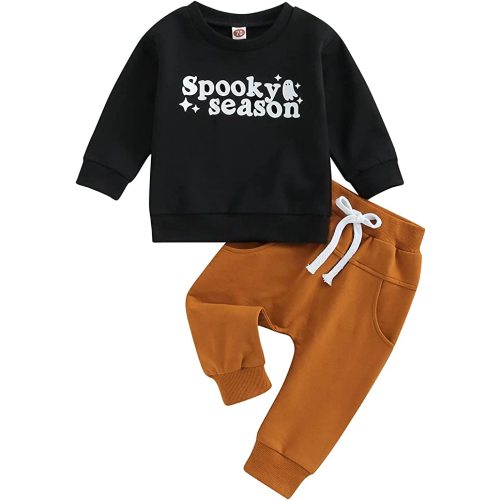 Baby Boy Halloween Outfit Pumpkin Patch Forever Long Sleeve Sweatshirt Top Solid Color Pants Fall Winter Clothes - Black