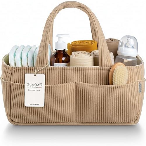 PUTSKA Baby Diaper Caddy Organizer for Changing Table – Stylish Nursery Storage Basket, Newborn Essentials, Baby Shower Gifts and Registry Must-Haves for Boy or Girl, Car Diaper Caddy, Corduroy Mocha
