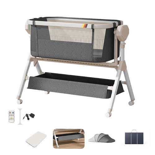 SteAnny Baby Bassinet, Electric Bedside Sleeper, Rocking Adjustable Crib with Storage Basket, Aluminum Frame, Gray