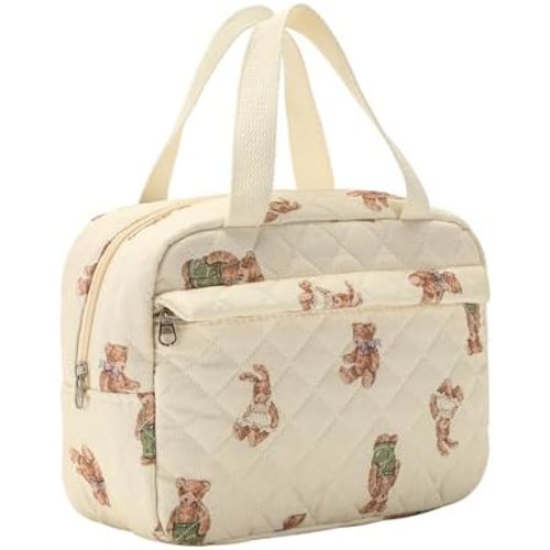 Large Size Quilted Coquette Makeup Bag, Cute Preppy Floral Cotton Travel Cosmetic Organizer Bag with Top Handle, Multi-Layer Travel Toiletry Pouch for Girls (04Bear)