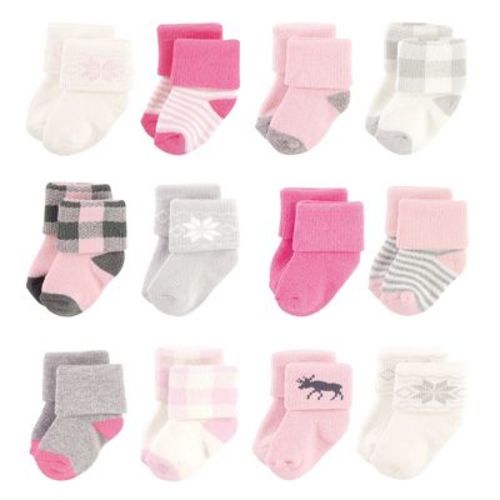 Hudson Baby Infant Girls Cotton Rich Newborn and Terry Socks, Pink Moose, 0-6 Months