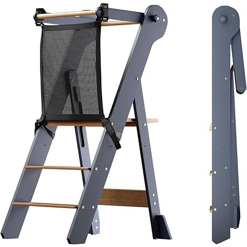 COSYLAND Foldable Toddler Standing Tower - Adjustable Height Folding Step Stool Kids Toddler Kitchen Stool Helper for Learning and Cooking - Ages 18 Months to 6 Years with Safety net Natural & Grey