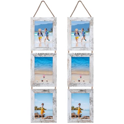 Lavezee 5x7 Collage Hanging Triple Picture Frames Set, 6 Opening Distressed White Vertical Frame Made to Display 5 by 7 Inch Photo Prints for Wall Decor
