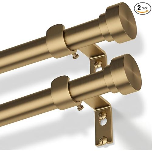 2 Pack Gold Curtain Rods 30 to 60 Inch, Brushed Warm Gold 1" Adjustable Heavy Duty Brass Curtain Rods for Windows, Decorative Window Treatment Rod with Aluminum Alloy Finials for Living Room Bedroom