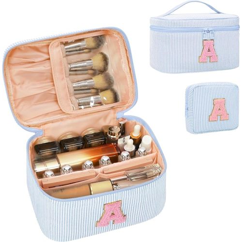 Initial Makeup Bag,Monogram Pouch Easter Basket Gifts for Teens,Personalized Cosmetic Bag for Girls&Women,Cute Letter Make Up Bag,Blue A