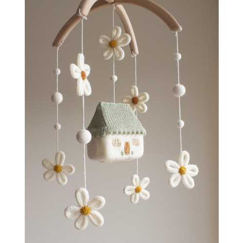 Daisy cottage nursery mobile with sage green - House and flowers baby crib mobile - cottagecore floral, rustic, minimal decor