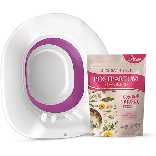 Fivona 2-in-1 Sitz Bath Soak Kit Over The Toilet Seat with Epsom Salt Blend with Essential Oils for Postpartum Care and Soothe Hemorrhoids - Ideal for Perineal Soaking and Fast Irritation Relief