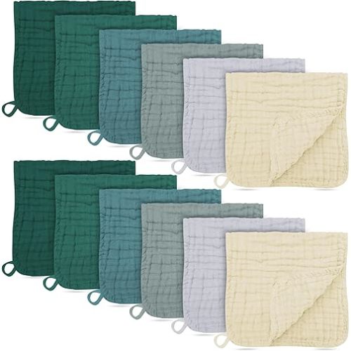 12 Pack Muslin Burp Cloths - Large 20" x 10", Ultra Absorbent 100% Cotton for Baby Drool and Messes - Soft, Gentle Baby Burp Rag for Boys & Girls -Ivory, Slate, Emerald Series