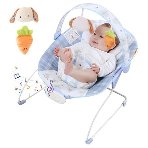 Portable Baby Bouncer Seat with 8 Melodies, 3 Vibration Levels & Adjustable Volume, Foldable Infant Bouncer Rocker with Safety Harness for Baby 0-6 Months, Indoor & Outdoor Use BR2401