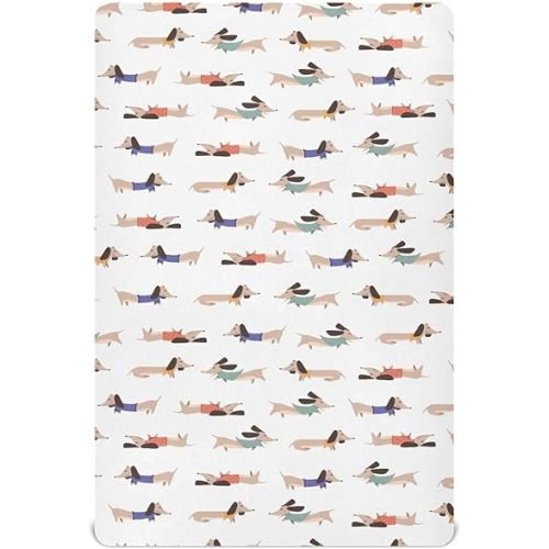 Fitted Crib Sheets Cute Dog Dachshund Stretchy Portable Playard Sheets for Baby Toddler, Breathable Soft Mini Crib Mattress 52 x 28 in for Boys and Girls