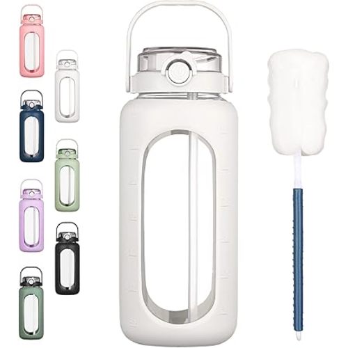BLUEGO 64oz Glass Water Bottles with Straw Time Marker Half Gallon Large Motivational Water Bottle with Silicone Sleeve 2 Liter Large Glass Water Jug for Gym, Sports& Workout, Daily, White