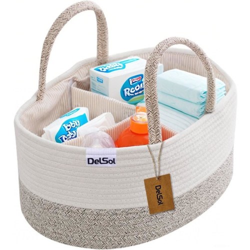 DelSol Diaper Caddy Organizer Large Cotton Rope Nursery Baby Basket Storage Bag Beige & White