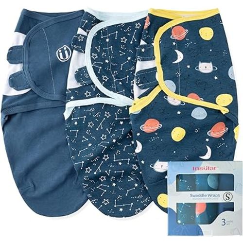 insular Swaddle Blanket, Baby Swaddle Wrap for Newborn and Infant, Adjustable Swaddle Set for Boy and Girl, Soft Cotton Sleep Sack 3 Pack Small(0-3 Month), Space