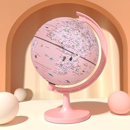 Pink Globe for Kids Learning Illuminated Globes of the World with Stand & Animals Illustrations Earth World Globe Night Light for Girls Room Decor Classroom Educational Tool Birthday Gift